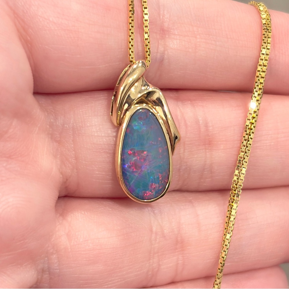 14K Australian Opal Pendant, Vintage Doublet, Crystal Dark Natural, Colorful IOG - Picture 4 of 14